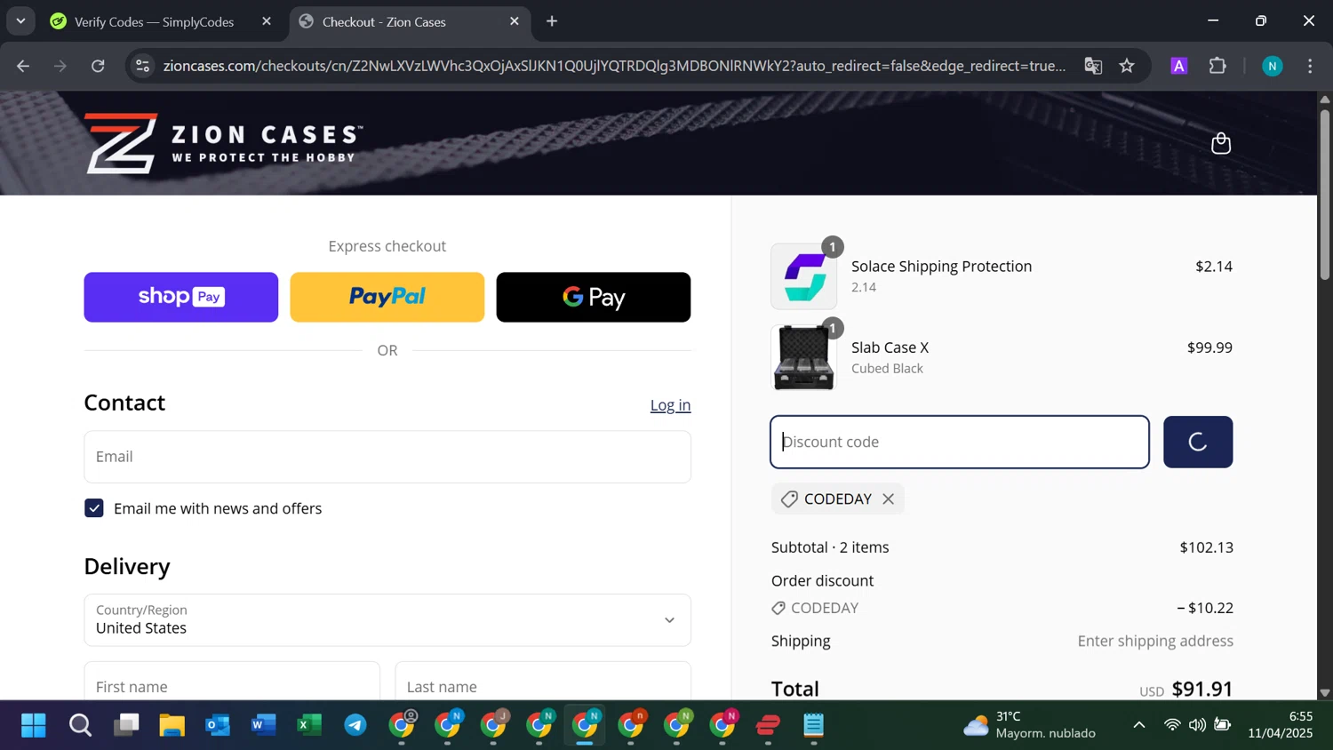 Zion Cases discount code screenshot showing code codeday applied at Zion Cases checkout page. Uploaded by SimplyCodes community member DiscountGenius5394 on Apr 11, 2025