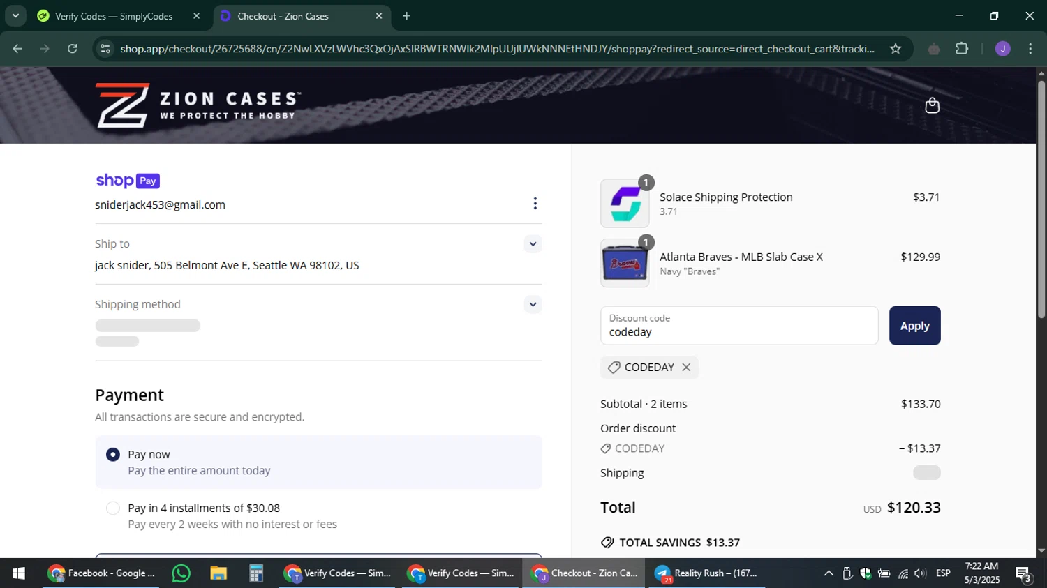 Zion Cases discount code screenshot showing code codeday applied at Zion Cases checkout page. Uploaded by SimplyCodes community member sniderjack453 on May 3, 2025