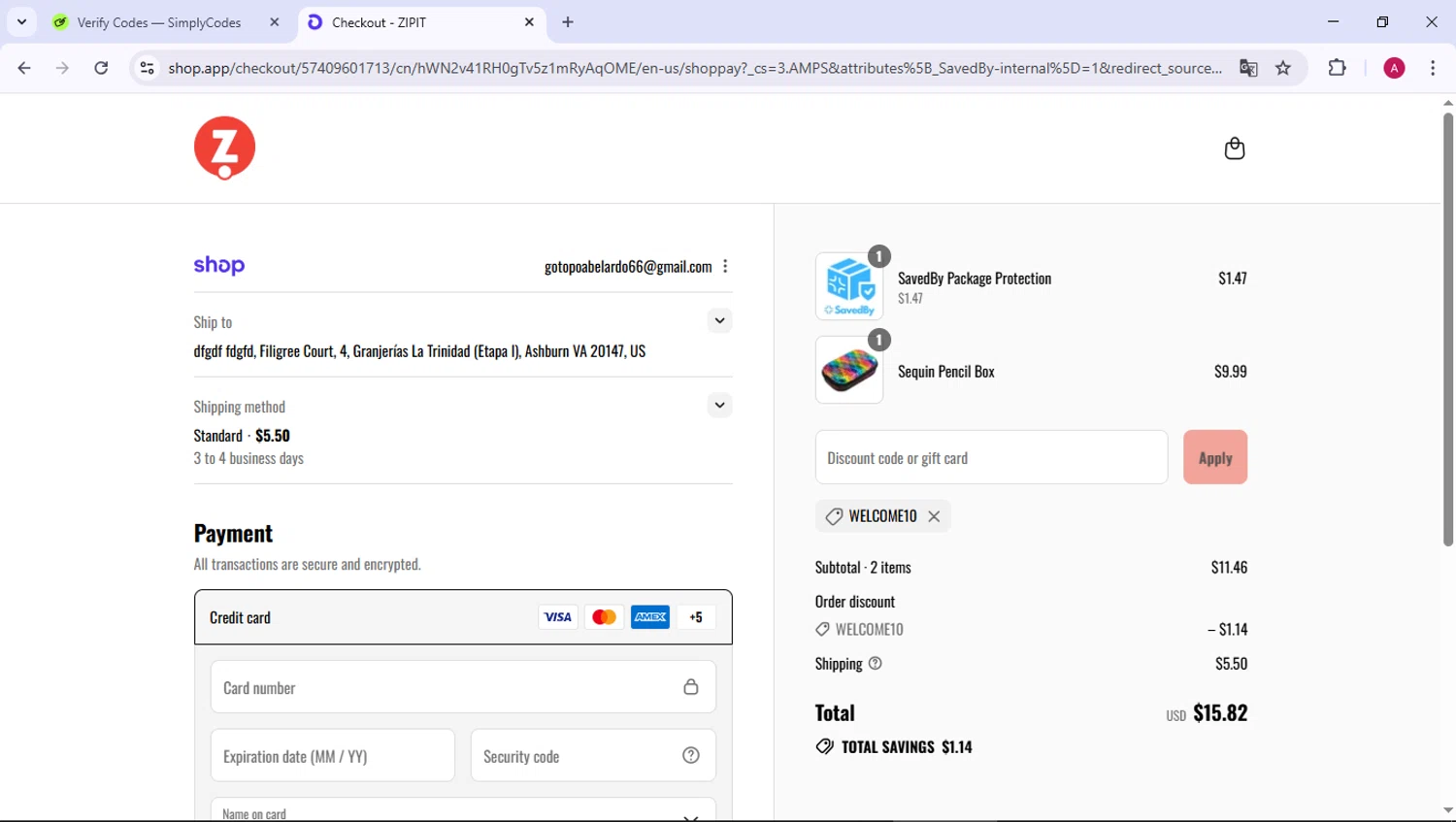 ZIPIT promo code screenshot showing code WELCOME10 applied at ZIPIT checkout page. Uploaded by SimplyCodes community member BMWGS1200 on Sep 13, 2025