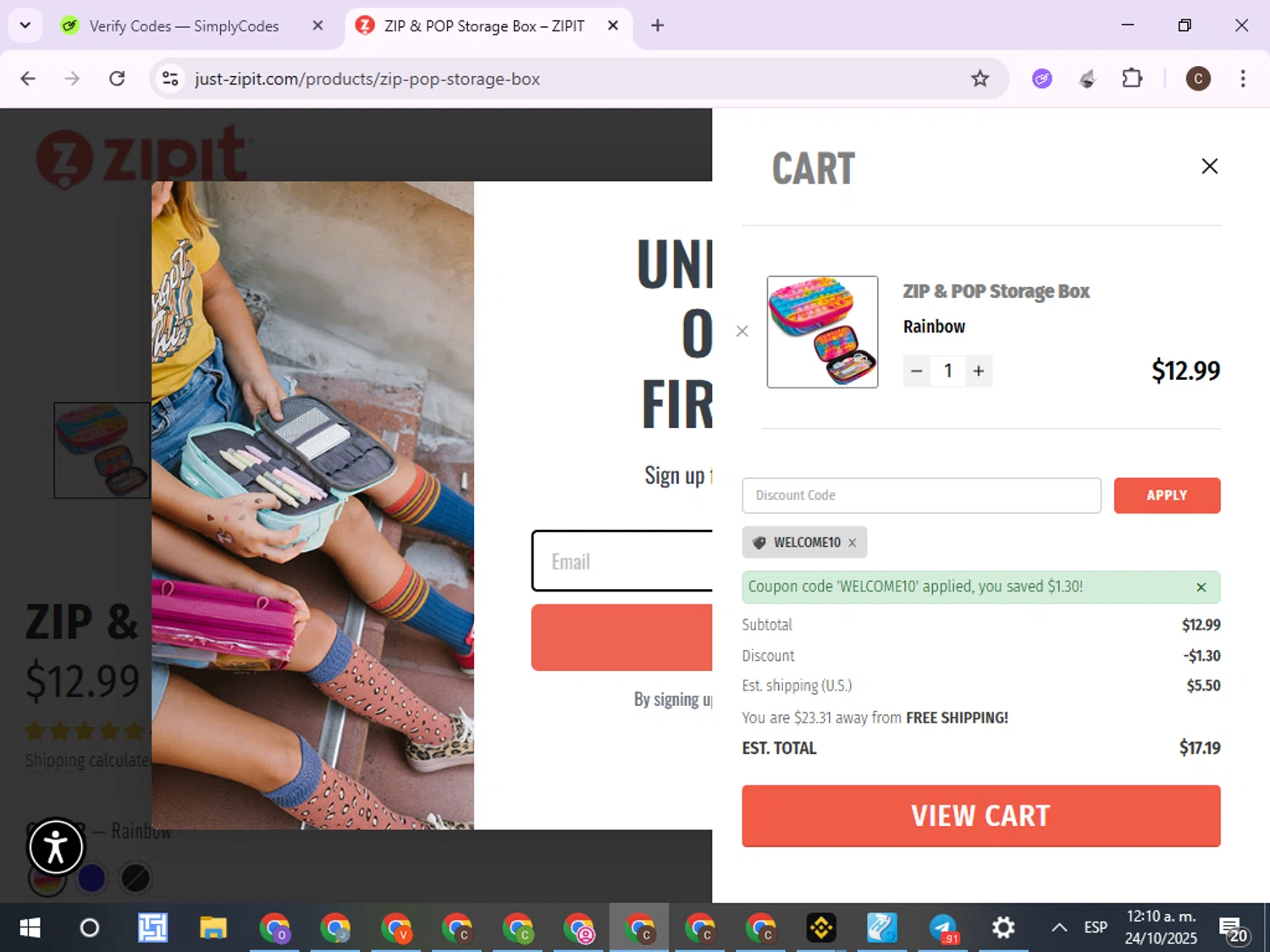 ZIPIT promo code screenshot showing code WELCOME10 applied at ZIPIT checkout page. Uploaded by SimplyCodes community member ExtraordinaryPro8536 on Oct 24, 2025