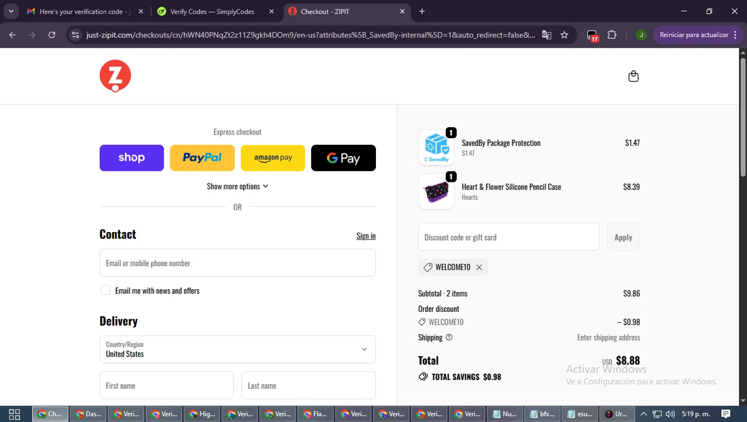 ZIPIT promo code screenshot showing code WELCOME10 applied at ZIPIT checkout page. Uploaded by SimplyCodes community member SmartLion6646 on Oct 11, 2025