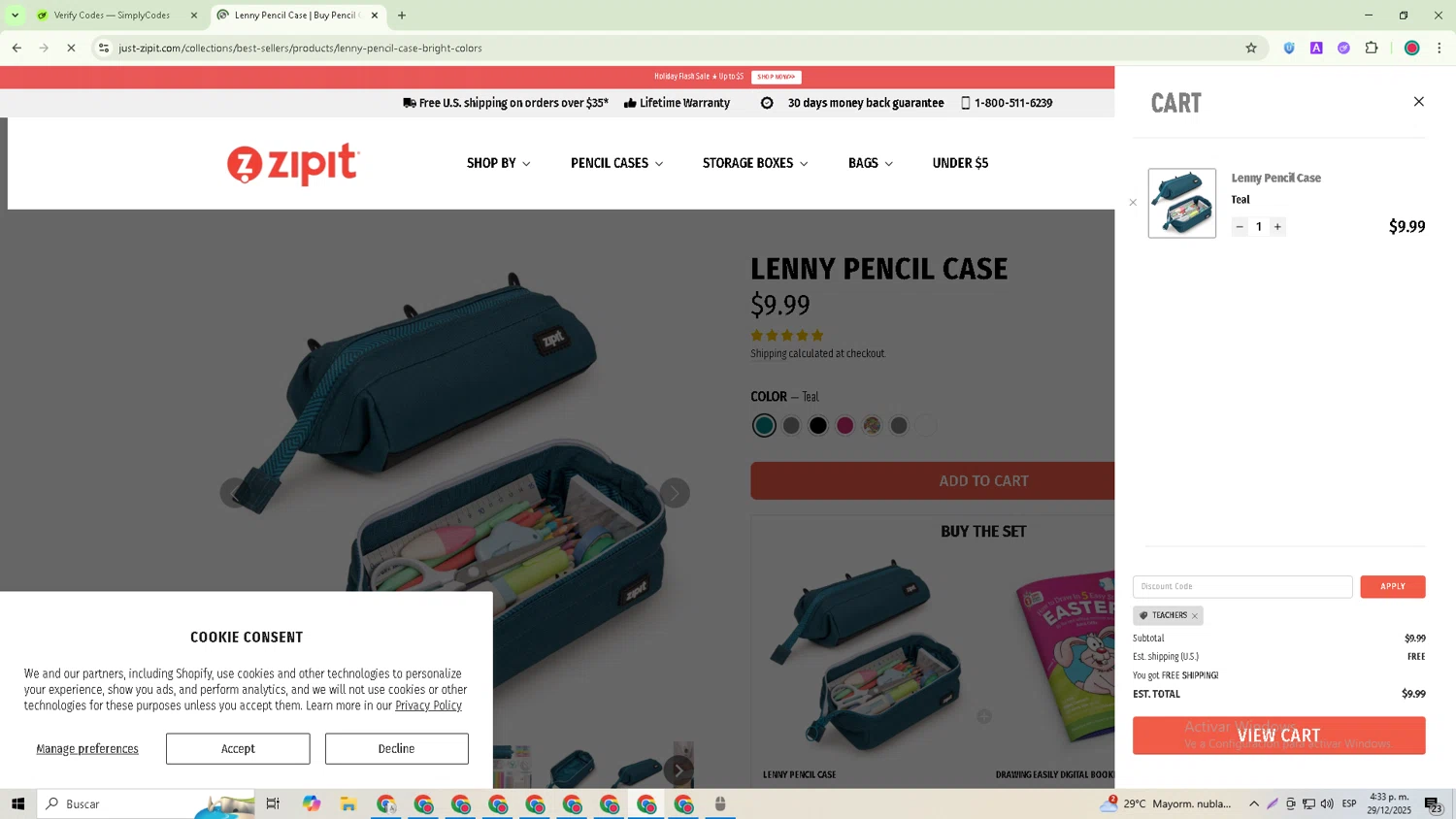 ZIPIT promo code screenshot showing code TEACHERS applied at ZIPIT checkout page. Uploaded by SimplyCodes community member David_Garcia on Dec 29, 2025