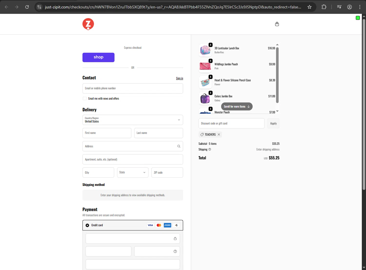 ZIPIT promo code screenshot showing code TEACHERS applied at ZIPIT checkout page. Uploaded by SimplyCodes community member webiwabo on Jan 3, 2026