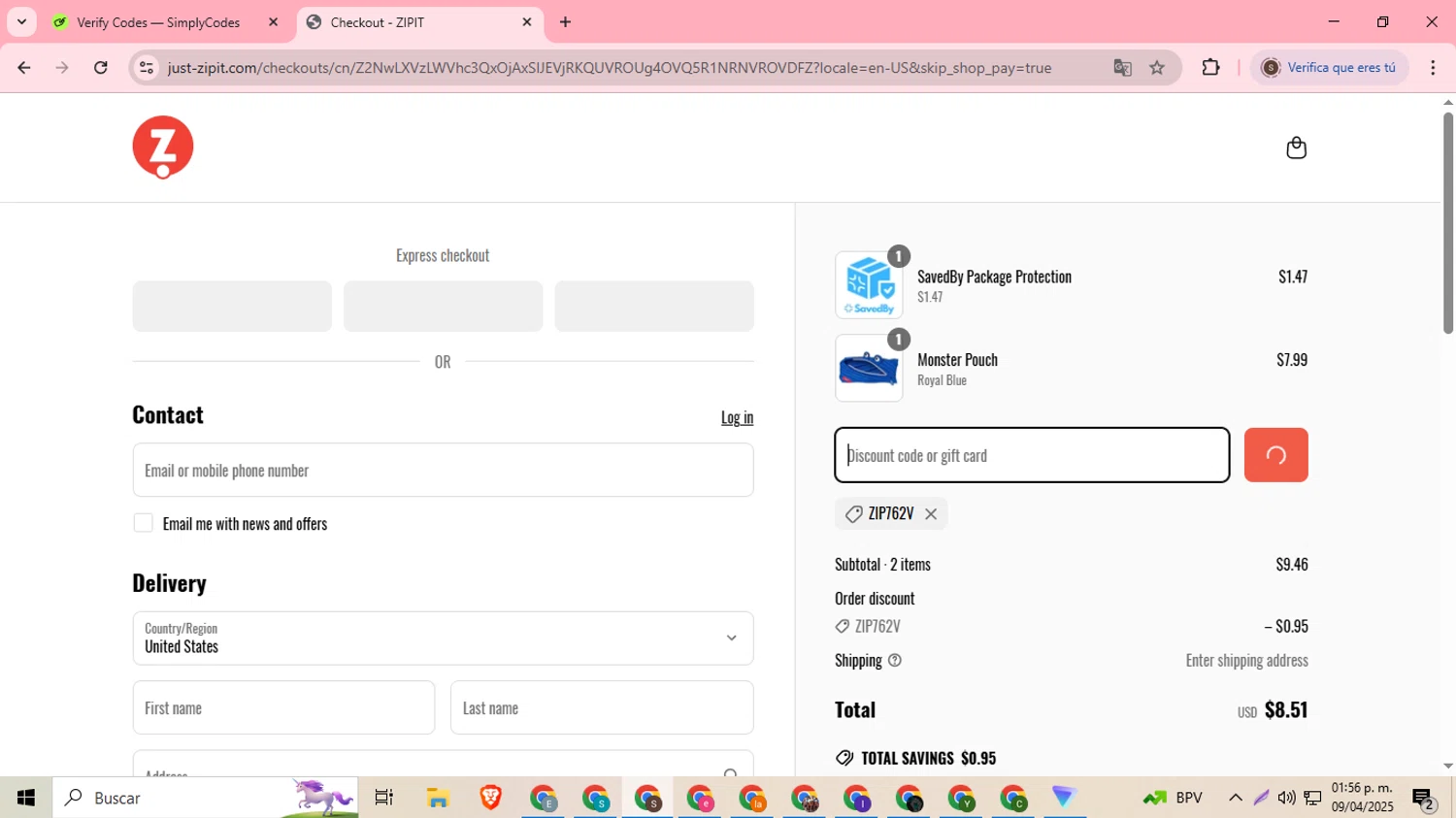 ZIPIT promo code screenshot showing code ZIP762V applied at ZIPIT checkout page. Uploaded by SimplyCodes community member DiscountDefender1226 on Apr 9, 2025