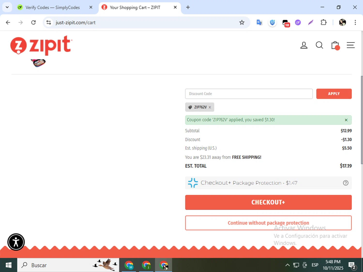 ZIPIT promo code screenshot showing code ZIP762V applied at ZIPIT checkout page. Uploaded by SimplyCodes community member mariapolancog on Oct 11, 2025