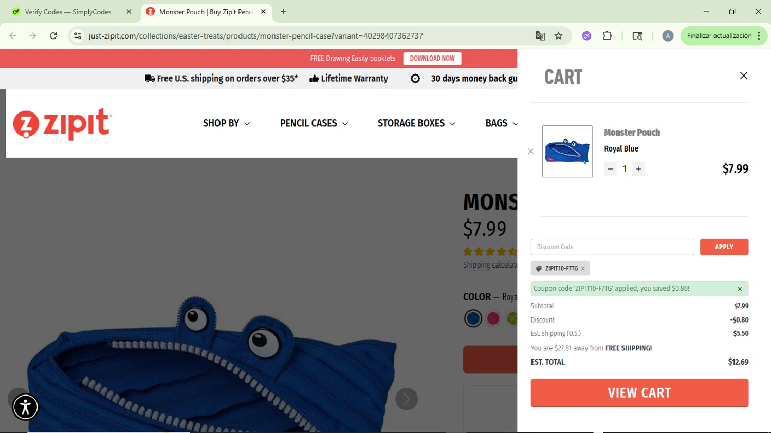 ZIPIT promo code screenshot showing code ZIPIT10-F7TG applied at ZIPIT checkout page. Uploaded by SimplyCodes community member DiscountVirtuoso6243 on Jul 20, 2025