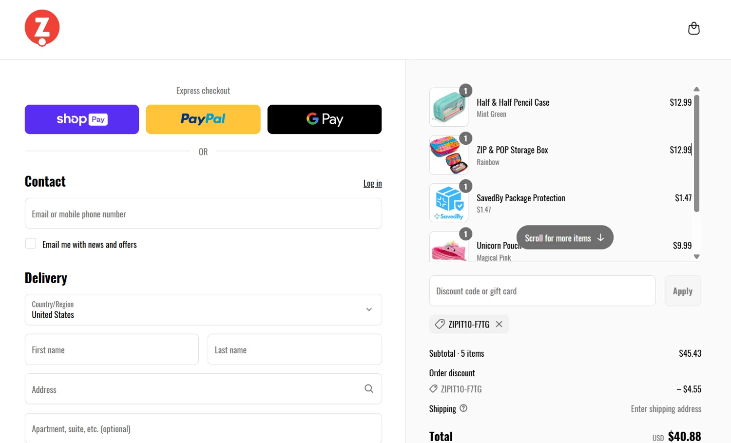 ZIPIT promo code screenshot showing code ZIPIT10-F7TG applied at ZIPIT checkout page. Uploaded by SimplyCodes community member berdetweet on Apr 8, 2025