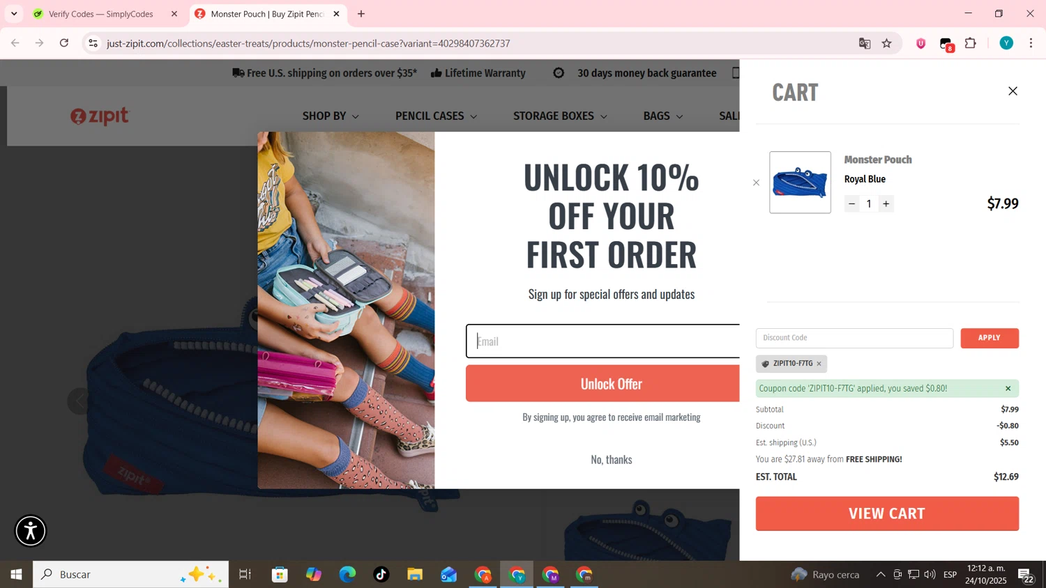 ZIPIT promo code screenshot showing code ZIPIT10-F7TG applied at ZIPIT checkout page. Uploaded by SimplyCodes community member codygakpo on Oct 24, 2025