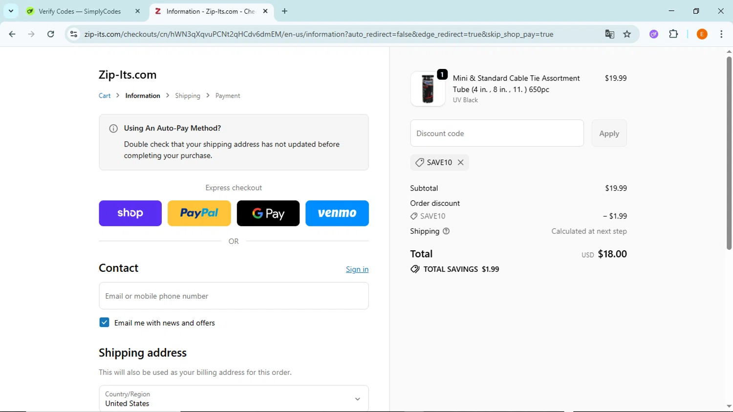 Zip-Its promo code screenshot showing code SAVE10 applied at Zip-Its checkout page. Uploaded by SimplyCodes community member BudgetFox5491 on Oct 7, 2025