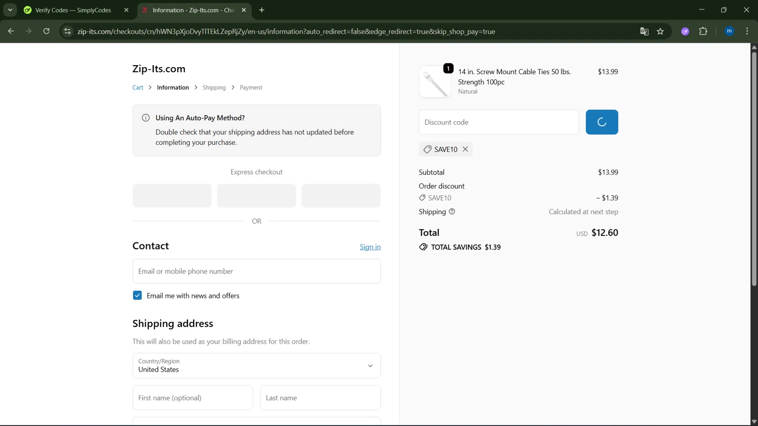 Zip-Its promo code screenshot showing code SAVE10 applied at Zip-Its checkout page. Uploaded by SimplyCodes community member GloriousSpotter8024 on Oct 7, 2025