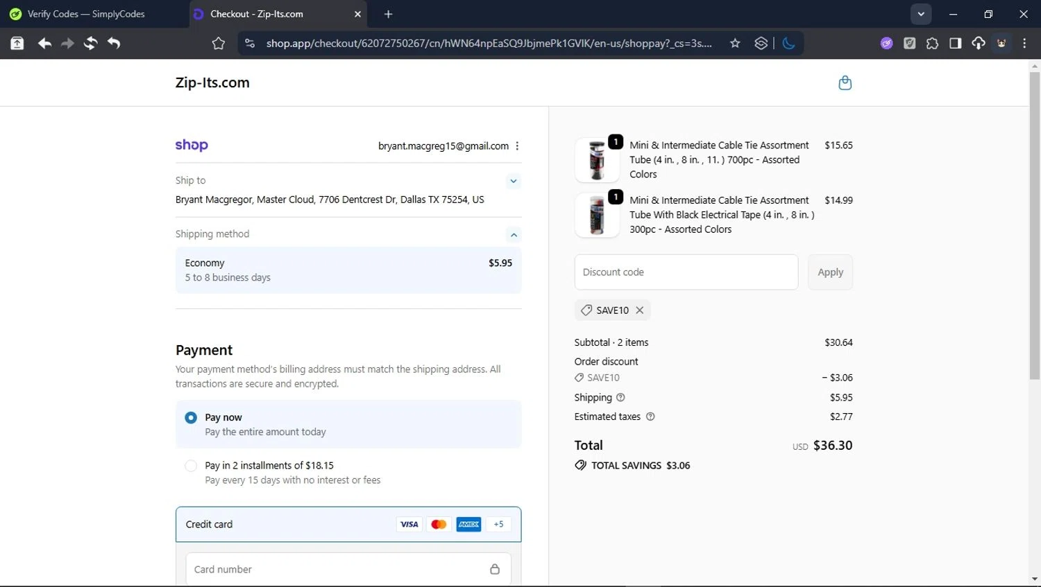 Zip-Its promo code screenshot showing code SAVE10 applied at Zip-Its checkout page. Uploaded by SimplyCodes community member ValiantHunter5929 on Dec 5, 2025