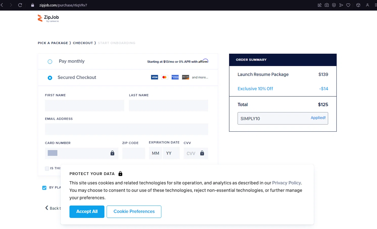 where to use ZipJob promo code box