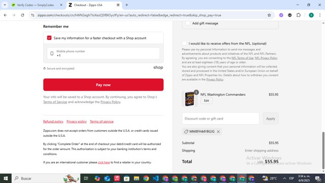 Zippo checkout page showing Zippo discount code box | Screenshot taken by SimplyCodes community member on Sep 6, 2025