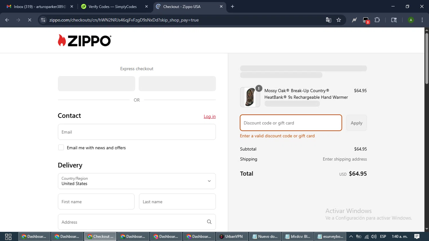 Zippo promo code screenshot showing code HAL20 applied at Zippo checkout page. Uploaded by SimplyCodes community member CashLynx5338 on Aug 29, 2025