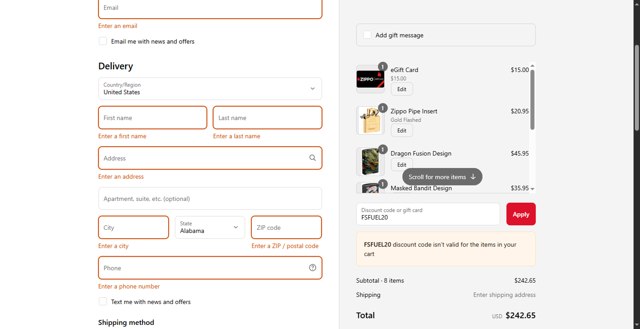 Zippo checkout page showing Zippo discount code box | Screenshot taken by SimplyCodes community member on Aug 31, 2025