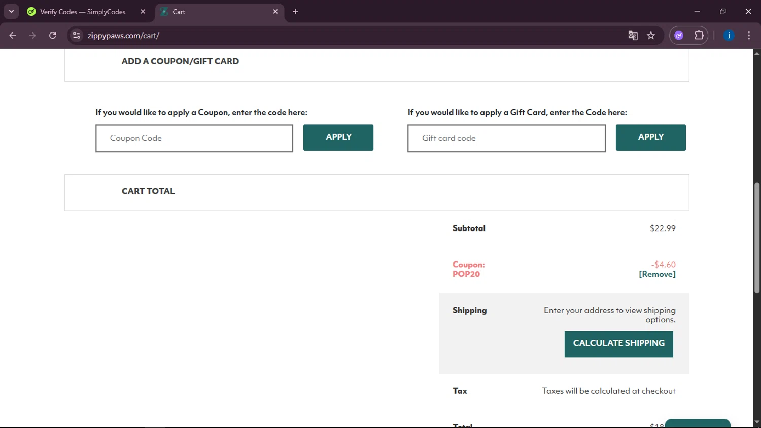 Zippy Paws promo code screenshot showing code POP20 applied at Zippy Paws checkout page. Uploaded by SimplyCodes community member RoyalMaestro2129 on Jul 25, 2025