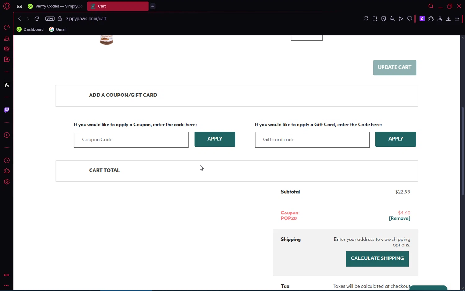 Zippy Paws promo code screenshot showing code POP20 applied at Zippy Paws checkout page. Uploaded by SimplyCodes community member ShrewdPioneer2612 on Jul 25, 2025