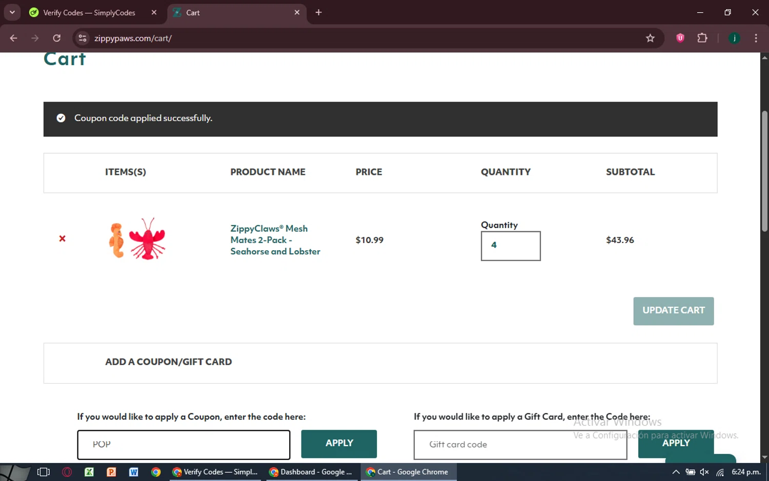 Zippy Paws promo code screenshot showing code POP applied at Zippy Paws checkout page. Uploaded by SimplyCodes community member MoneySpotter5416 on Jun 21, 2025