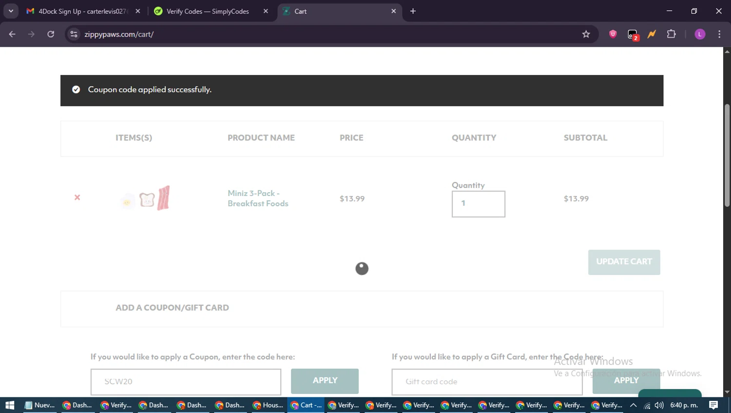 Zippy Paws promo code screenshot showing code SCW20 applied at Zippy Paws checkout page. Uploaded by SimplyCodes community member RewardScout5160 on Jun 7, 2025