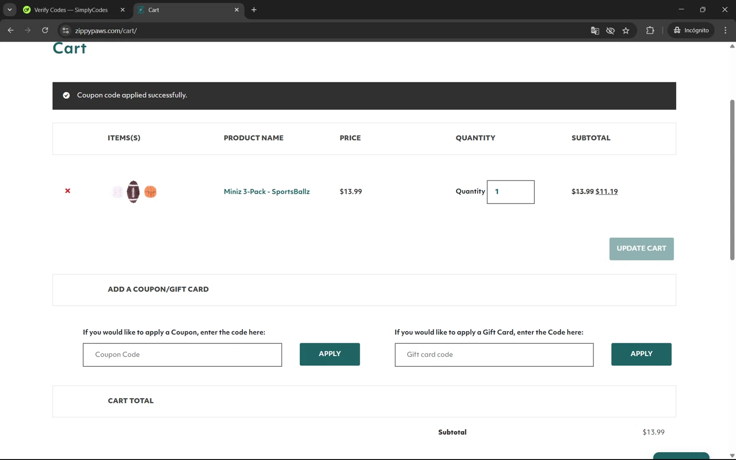 Zippy Paws promo code screenshot showing code SCW20 applied at Zippy Paws checkout page. Uploaded by SimplyCodes community member juan1702 on Jun 7, 2025
