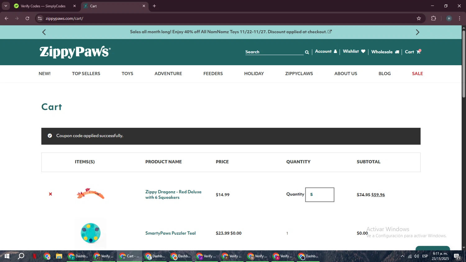 Zippy Paws promo code screenshot showing code ZPA-ITSRAYMONDJAMES applied at Zippy Paws checkout page. Uploaded by SimplyCodes community member YAMAHA on Nov 23, 2025