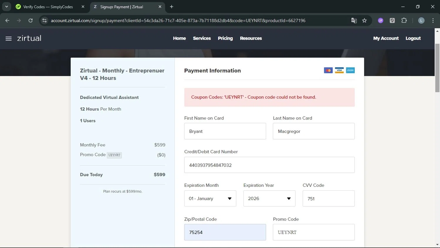 Zirtual promo code screenshot showing code UEYNRT applied at Zirtual checkout page. Uploaded by SimplyCodes community member RoyalOwl5790 on Dec 2, 2025