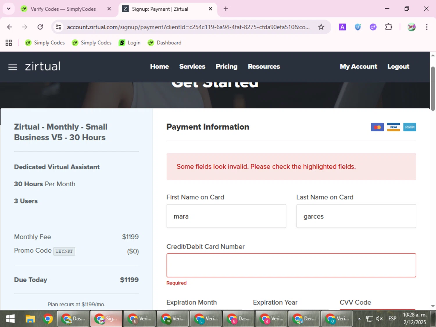 Zirtual promo code screenshot showing code UEYNRT applied at Zirtual checkout page. Uploaded by SimplyCodes community member SilverExpert5694 on Dec 2, 2025