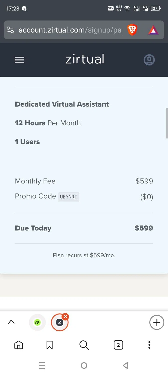 Zirtual promo code screenshot showing code UEYNRT applied at Zirtual checkout page. Uploaded by SimplyCodes community member dayselis15 on Nov 2, 2025