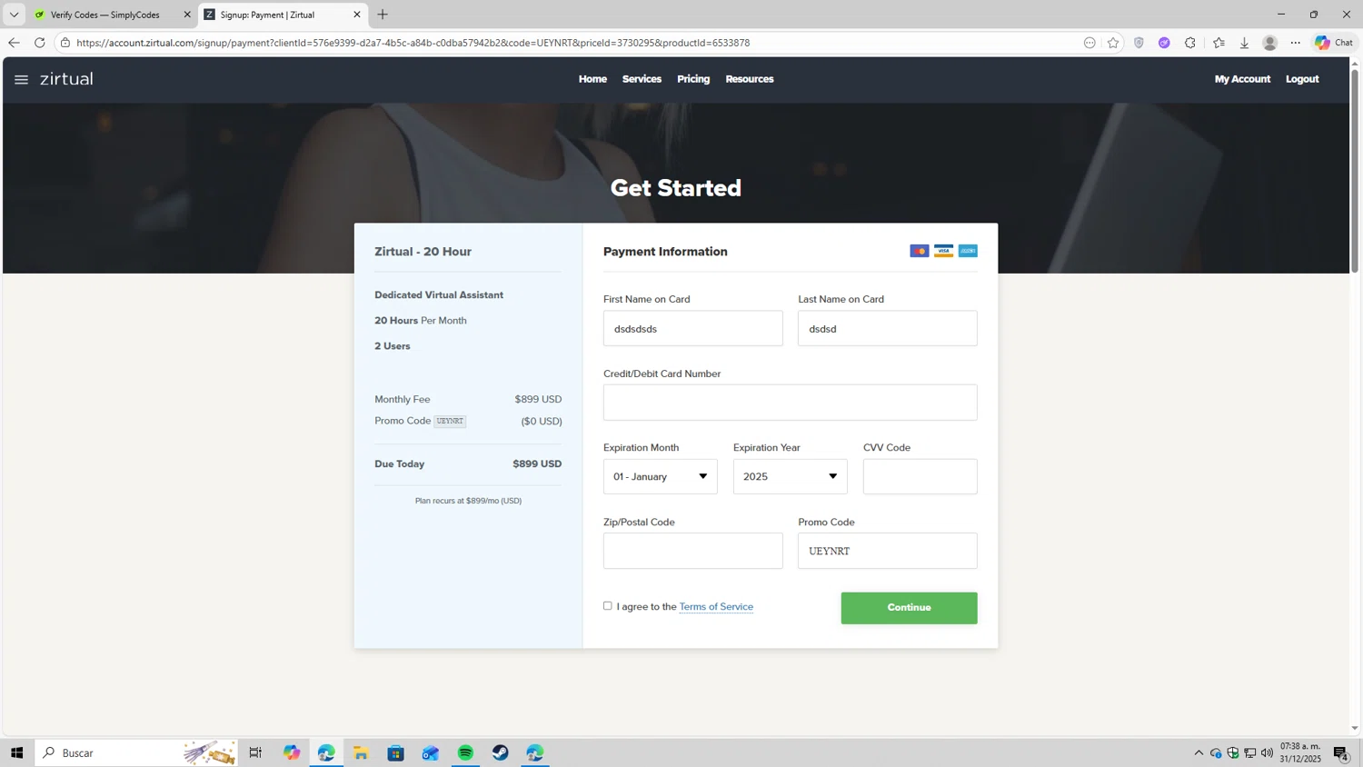 Zirtual checkout page showing Zirtual promo code box | Screenshot taken by SimplyCodes community member on Dec 31, 2025
