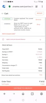 ZIVAME250 coupon verification screenshot