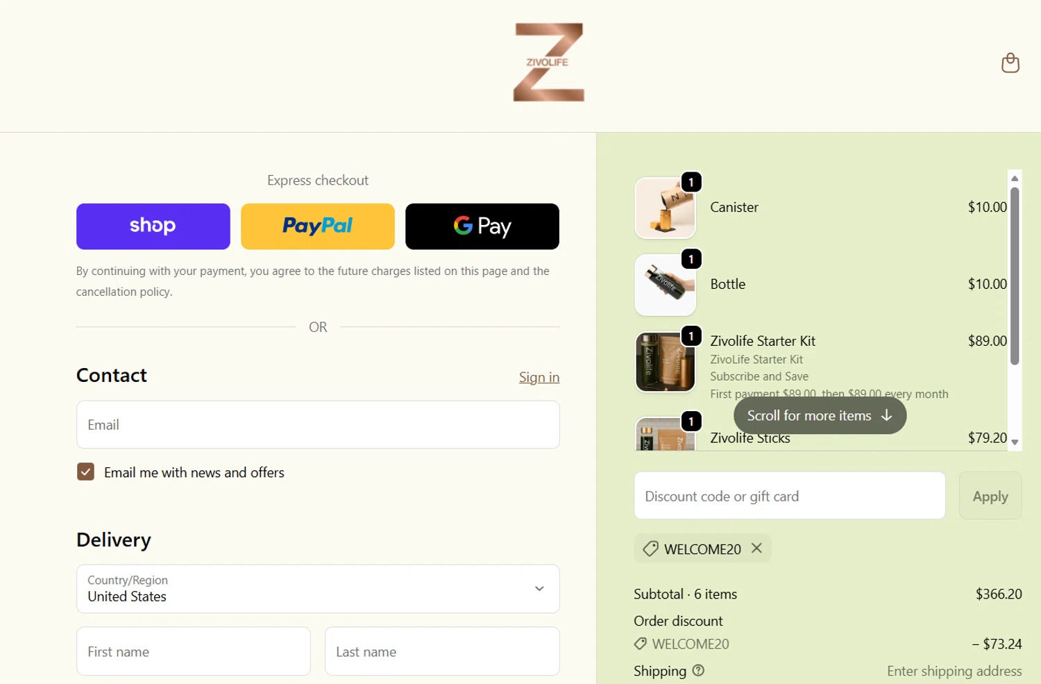 Zivolife promo code screenshot showing code WELCOME20 applied at Zivolife checkout page. Uploaded by SimplyCodes community member JasnibelEgu on Dec 8, 2025
