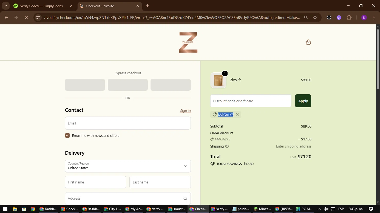 Zivolife promo code screenshot showing code MAGALYS applied at Zivolife checkout page. Uploaded by SimplyCodes community member NATAAAAAANAELCANO on Nov 7, 2025
