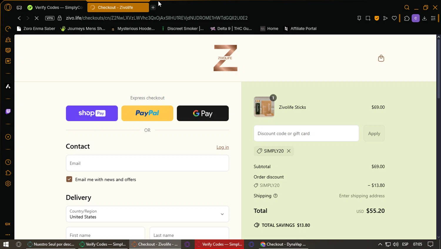 Zivolife promo code screenshot showing code SIMPLY20 applied at Zivolife checkout page. Uploaded by SimplyCodes community member ExtraordinaryPhoenix3689 on Jun 24, 2025