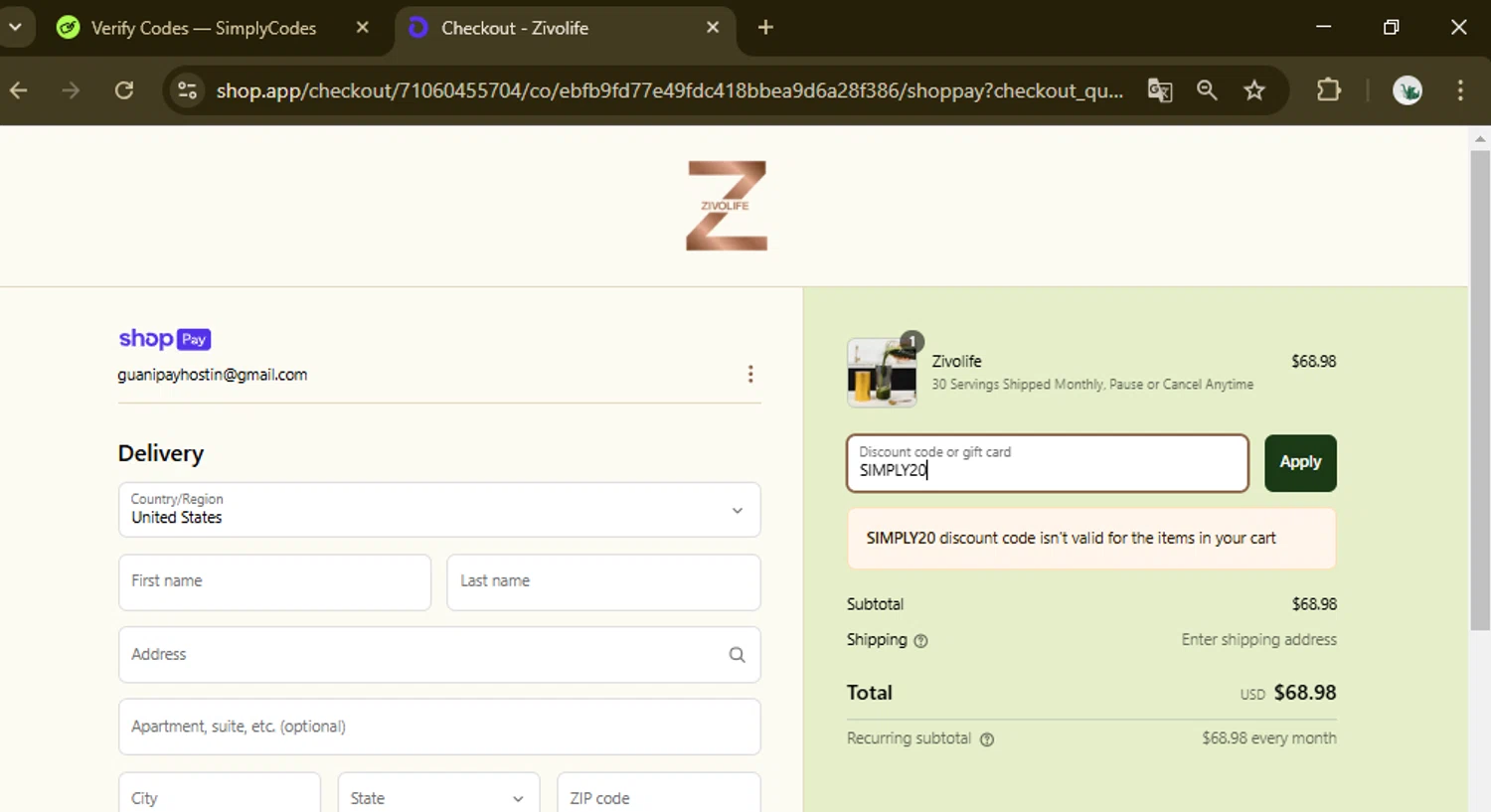 Zivolife promo code screenshot showing code SIMPLY20 applied at Zivolife checkout page. Uploaded by SimplyCodes community member eltotiiiiiii on Mar 21, 2025