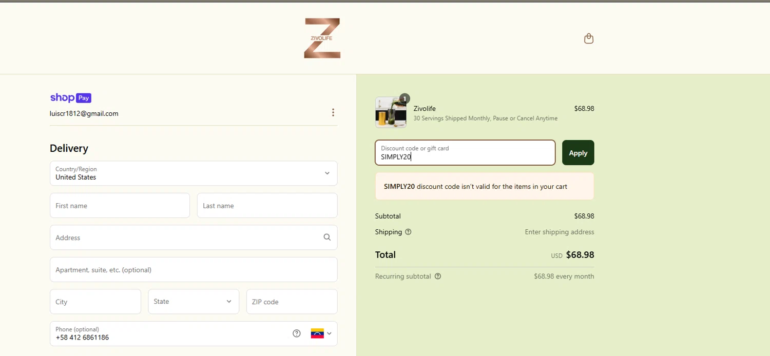 Zivolife promo code screenshot showing code SIMPLY20 applied at Zivolife checkout page. Uploaded by SimplyCodes community member RoyalHunter7313 on Mar 21, 2025