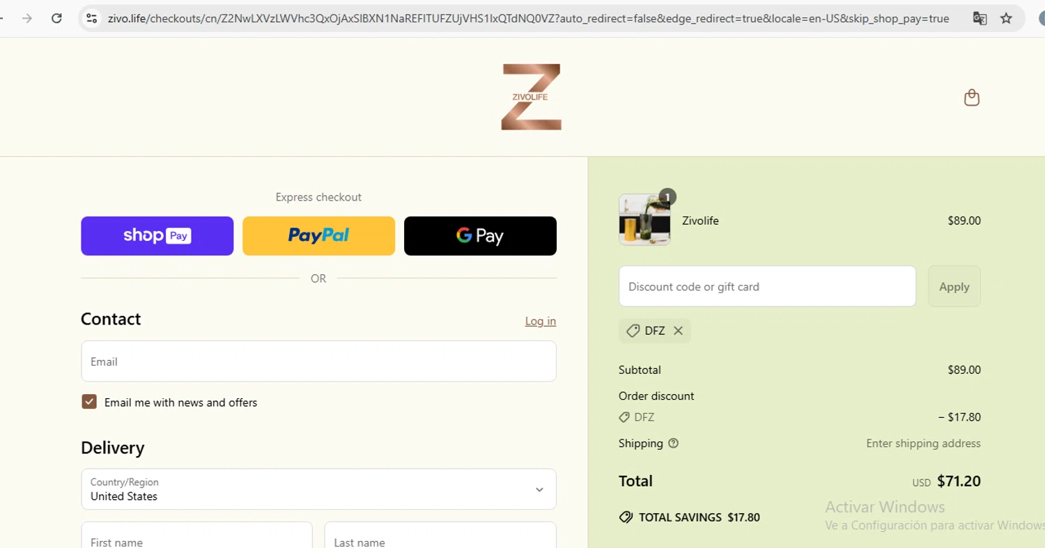 Zivolife promo code screenshot showing code DFZ applied at Zivolife checkout page. Uploaded by SimplyCodes community member Bel0610 on Mar 21, 2025