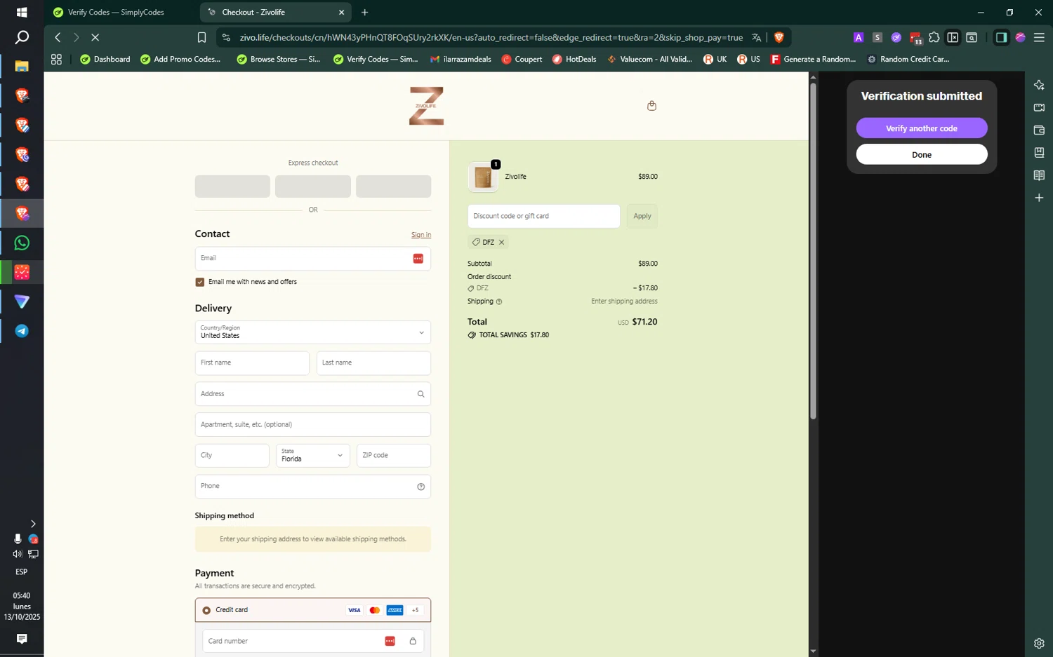 Zivolife promo code screenshot showing code DFZ applied at Zivolife checkout page. Uploaded by SimplyCodes community member jMoya06 on Oct 13, 2025