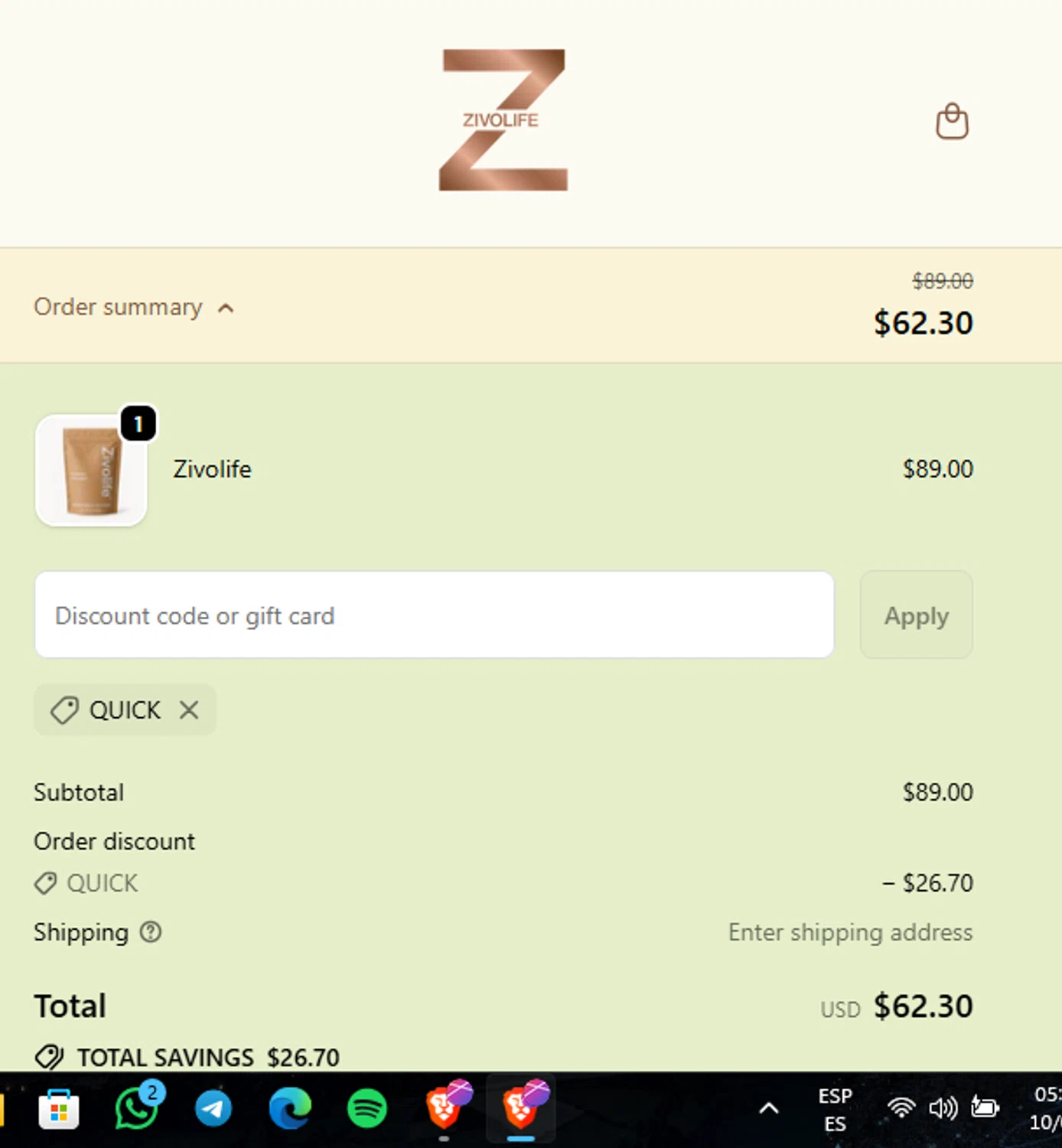 Zivolife promo code screenshot showing code QUICK applied at Zivolife checkout page. Uploaded by SimplyCodes community member Guacamole_Picante on Jan 10, 2026