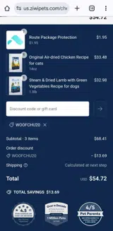 WOOFCHU20 coupon verification screenshot