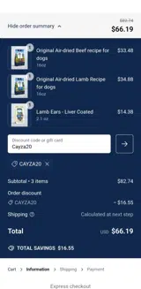 Cayza20 coupon verification screenshot