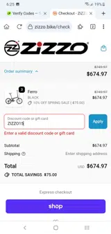 ZIZZO15 coupon verification screenshot