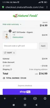 10off coupon verification screenshot