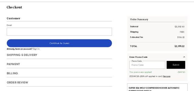 Zodiac Watches checkout page showing Zodiac Watches discount code box | Screenshot taken by SimplyCodes community member on Aug 23, 2025