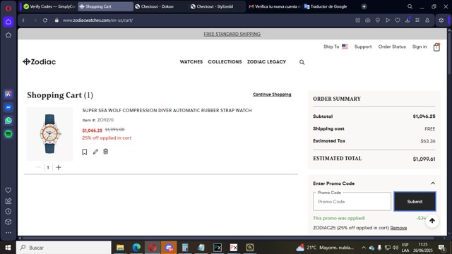 Zodiac Watches checkout page showing Zodiac Watches discount code box | Screenshot taken by SimplyCodes community member on Jun 26, 2025