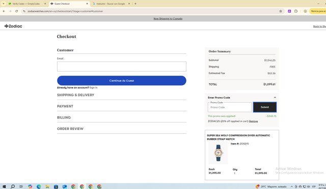 Zodiac Watches checkout page showing Zodiac Watches discount code box | Screenshot taken by SimplyCodes community member on Jul 25, 2025