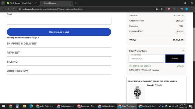 Zodiac Watches checkout page showing Zodiac Watches discount code box | Screenshot taken by SimplyCodes community member on Jul 16, 2025