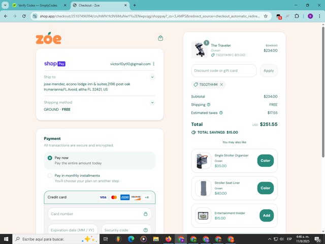 Zoe Baby checkout page showing Zoe Baby discount code box | Screenshot taken by SimplyCodes community member on Aug 11, 2025