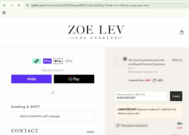 ZoeLev checkout page showing ZoeLev promo code box | Screenshot taken by SimplyCodes community member on Aug 30, 2025
