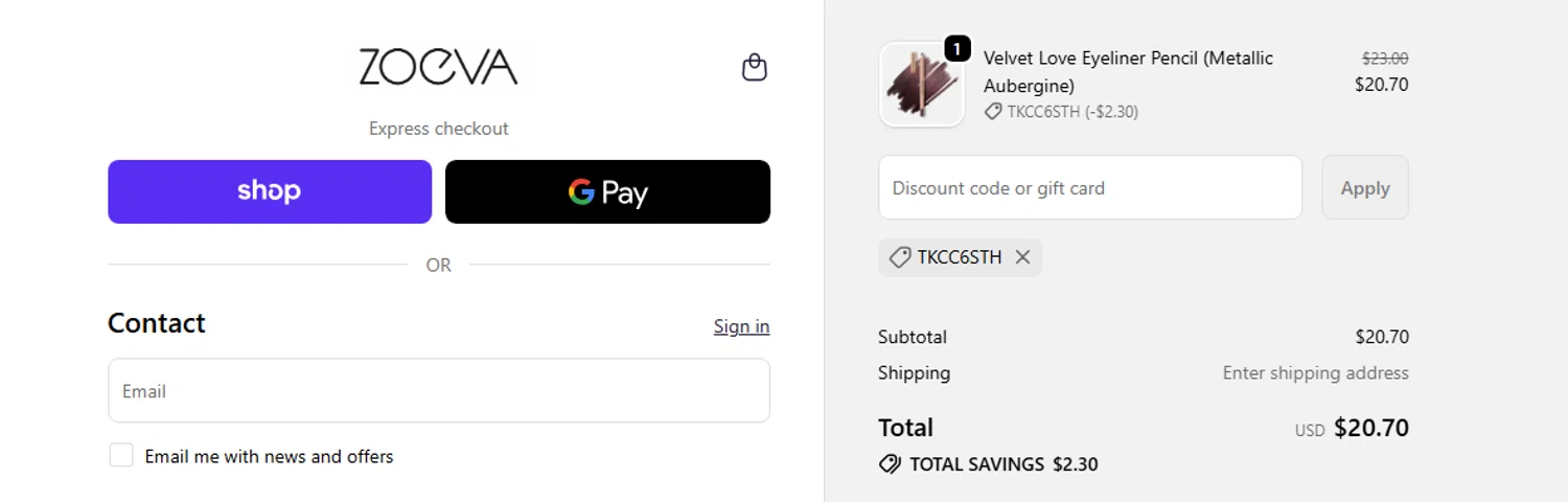 Zoeva promo code screenshot showing code TKCC6STH applied at Zoeva checkout page. Uploaded by SimplyCodes community member PaulSkenes on Jun 16, 2026