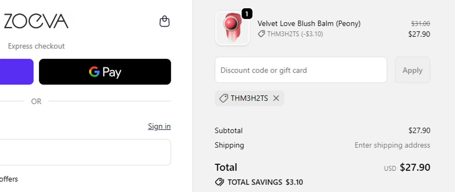 Zoeva promo code screenshot showing code THM3H2TS applied at Zoeva checkout page. Uploaded by SimplyCodes community member SilverMakeup on Jun 16, 2026